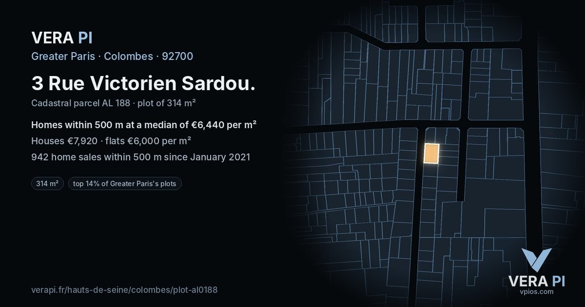 3 Rue Victorien Sardou, Colombes at night – the plot lit, the parcels around coloured by the prices near them