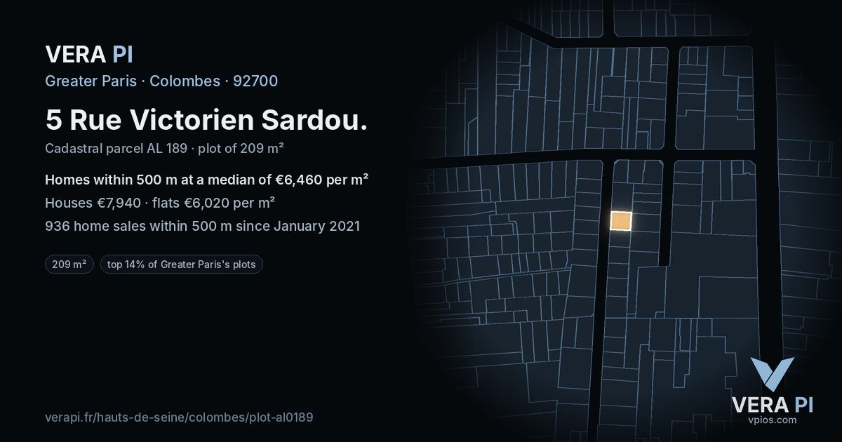 5 Rue Victorien Sardou, Colombes at night – the plot lit, the parcels around coloured by the prices near them