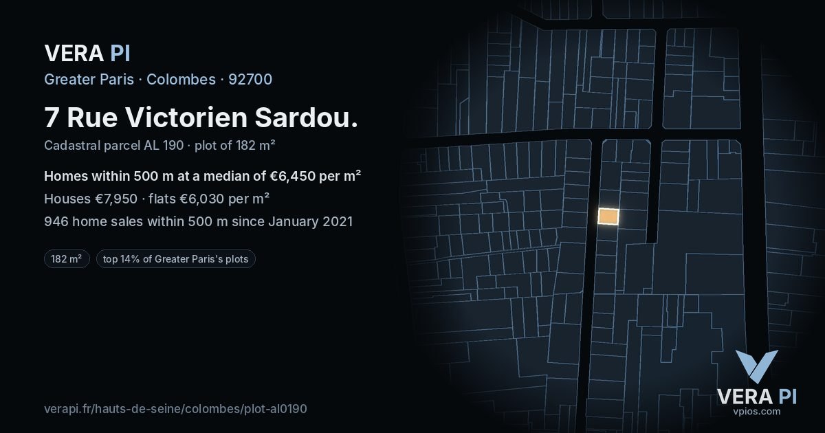 7 Rue Victorien Sardou, Colombes at night – the plot lit, the parcels around coloured by the prices near them