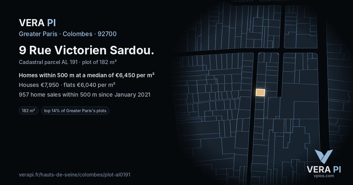 9 Rue Victorien Sardou, Colombes at night – the plot lit, the parcels around coloured by the prices near them