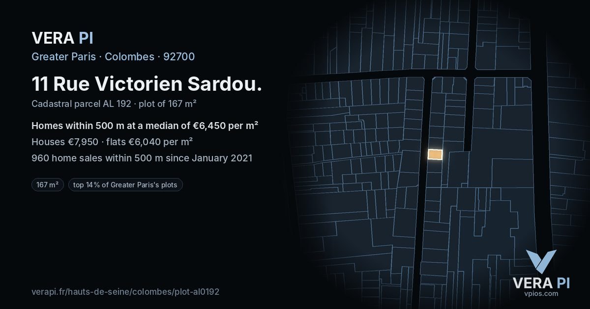 11 Rue Victorien Sardou, Colombes at night – the plot lit, the parcels around coloured by the prices near them