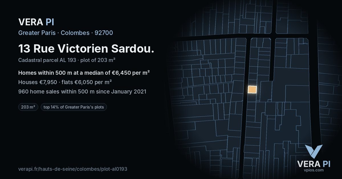 13 Rue Victorien Sardou, Colombes at night – the plot lit, the parcels around coloured by the prices near them