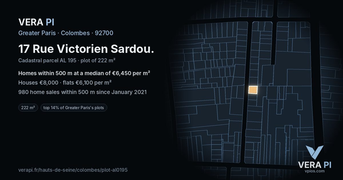 17 Rue Victorien Sardou, Colombes at night – the plot lit, the parcels around coloured by the prices near them