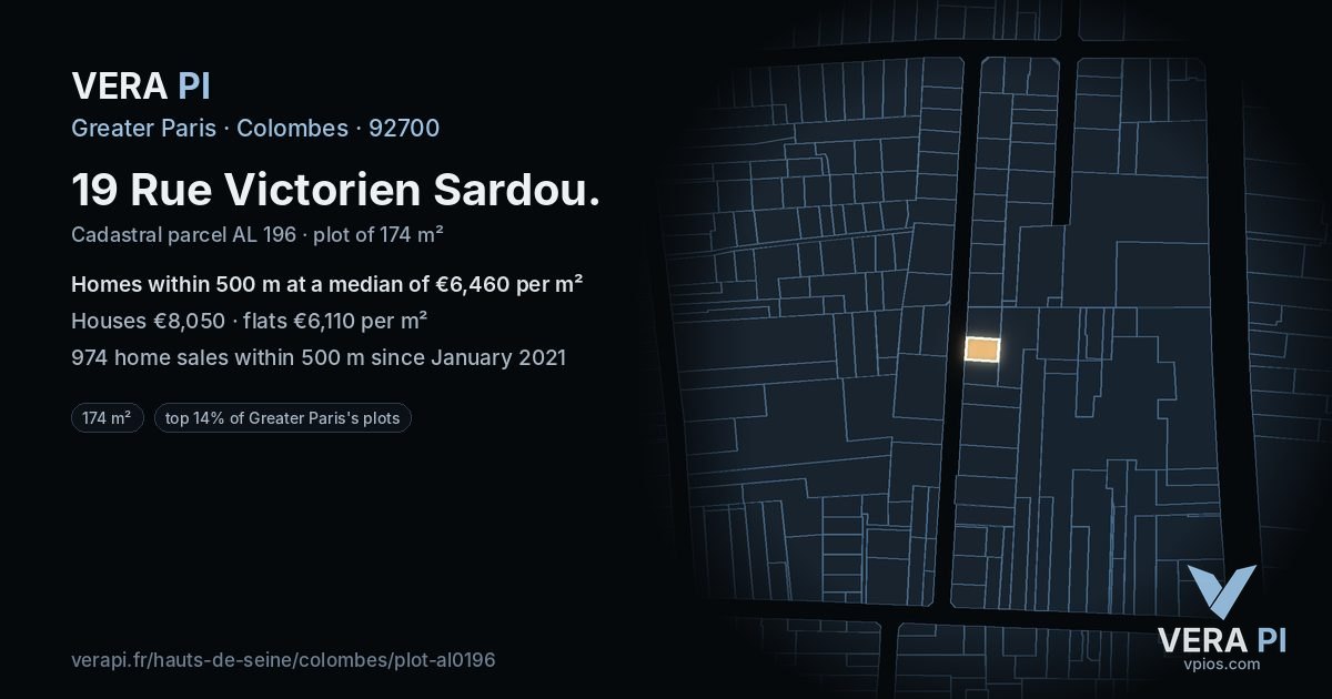 19 Rue Victorien Sardou, Colombes at night – the plot lit, the parcels around coloured by the prices near them