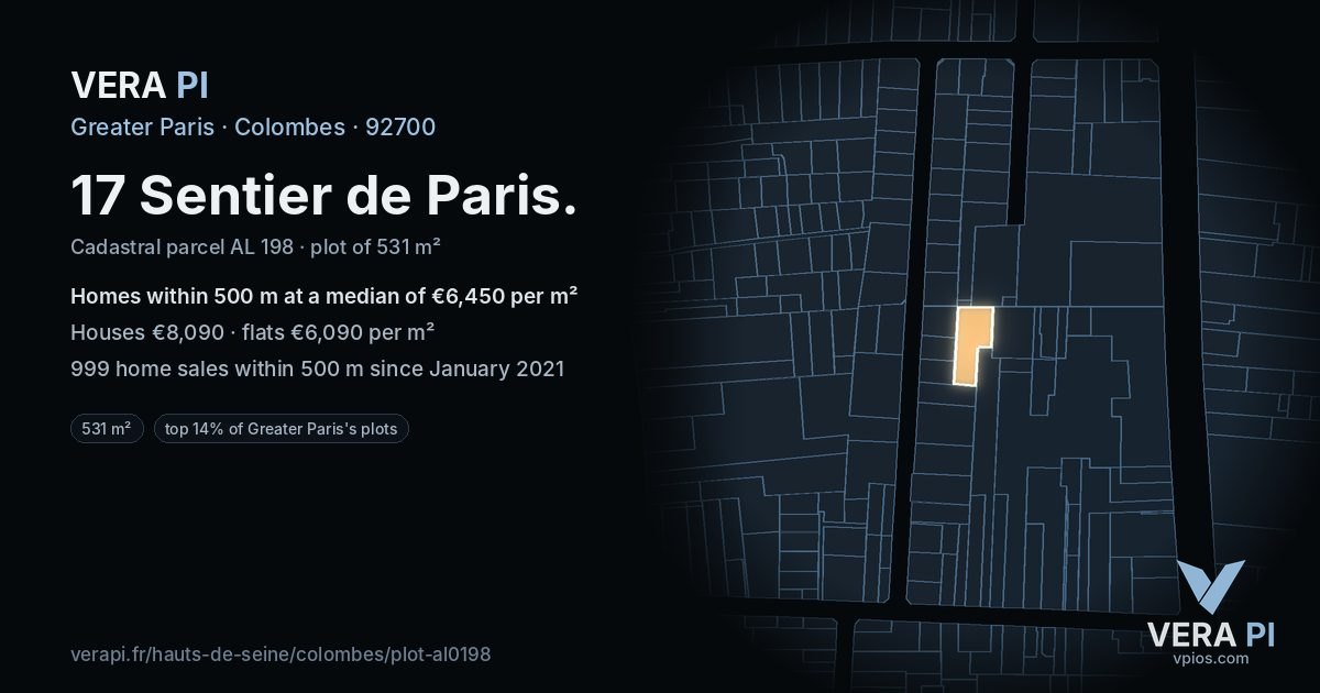 17 Sentier de Paris, Colombes at night – the plot lit, the parcels around coloured by the prices near them