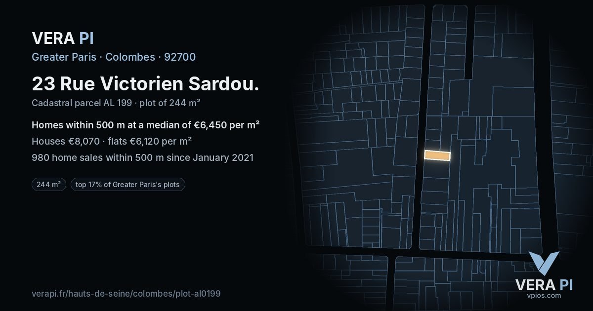 23 Rue Victorien Sardou, Colombes at night – the plot lit, the parcels around coloured by the prices near them