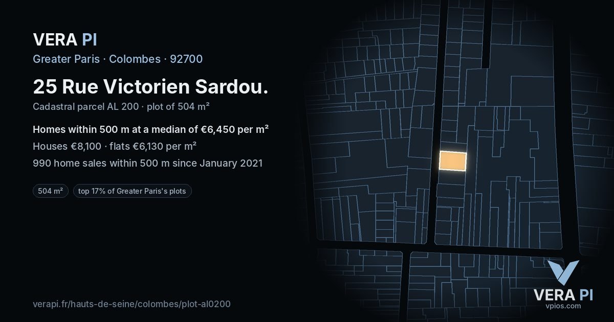 25 Rue Victorien Sardou, Colombes at night – the plot lit, the parcels around coloured by the prices near them