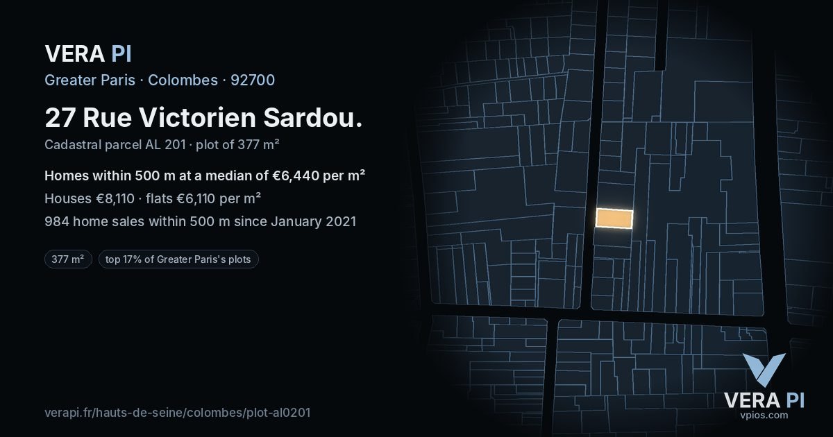 27 Rue Victorien Sardou, Colombes at night – the plot lit, the parcels around coloured by the prices near them