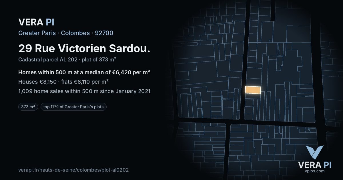 29 Rue Victorien Sardou, Colombes at night – the plot lit, the parcels around coloured by the prices near them