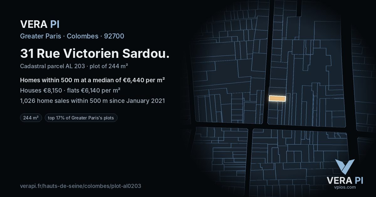 31 Rue Victorien Sardou, Colombes at night – the plot lit, the parcels around coloured by the prices near them
