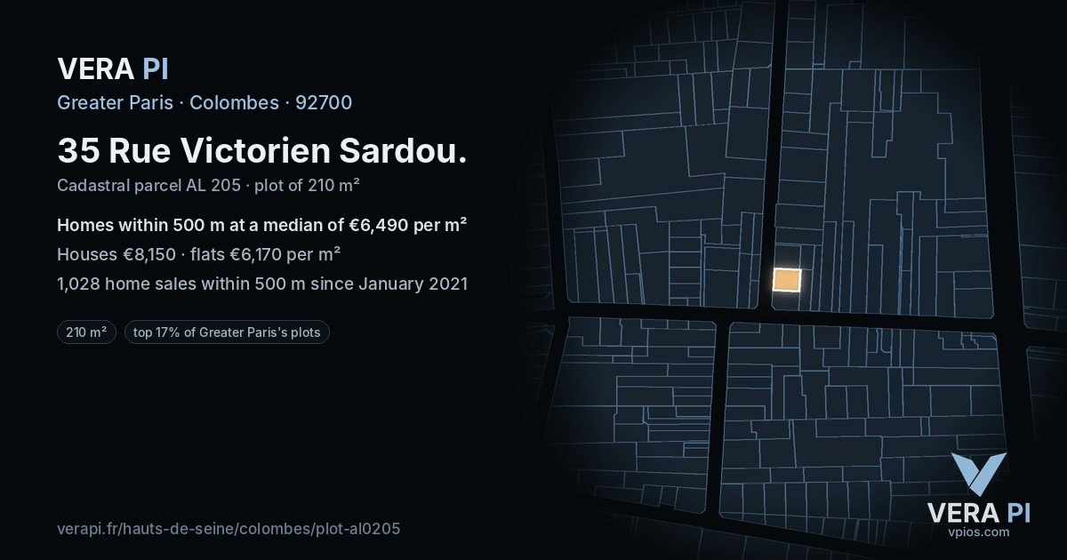 35 Rue Victorien Sardou, Colombes at night – the plot lit, the parcels around coloured by the prices near them