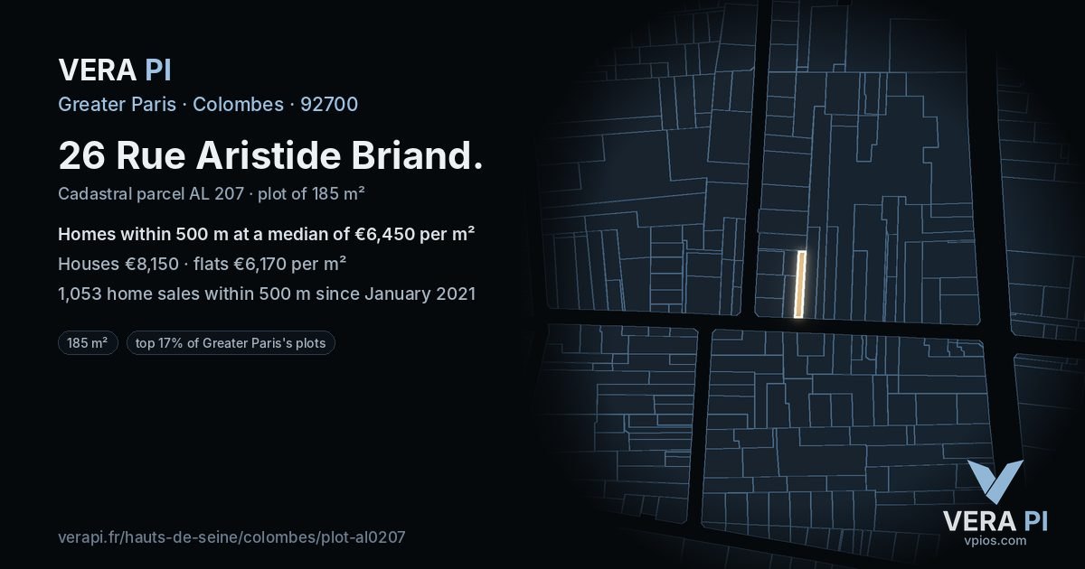 26 Rue Aristide Briand, Colombes at night – the plot lit, the parcels around coloured by the prices near them