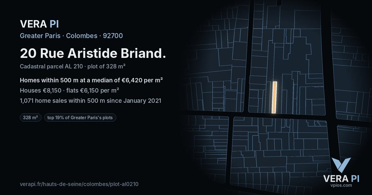 20 Rue Aristide Briand, Colombes at night – the plot lit, the parcels around coloured by the prices near them