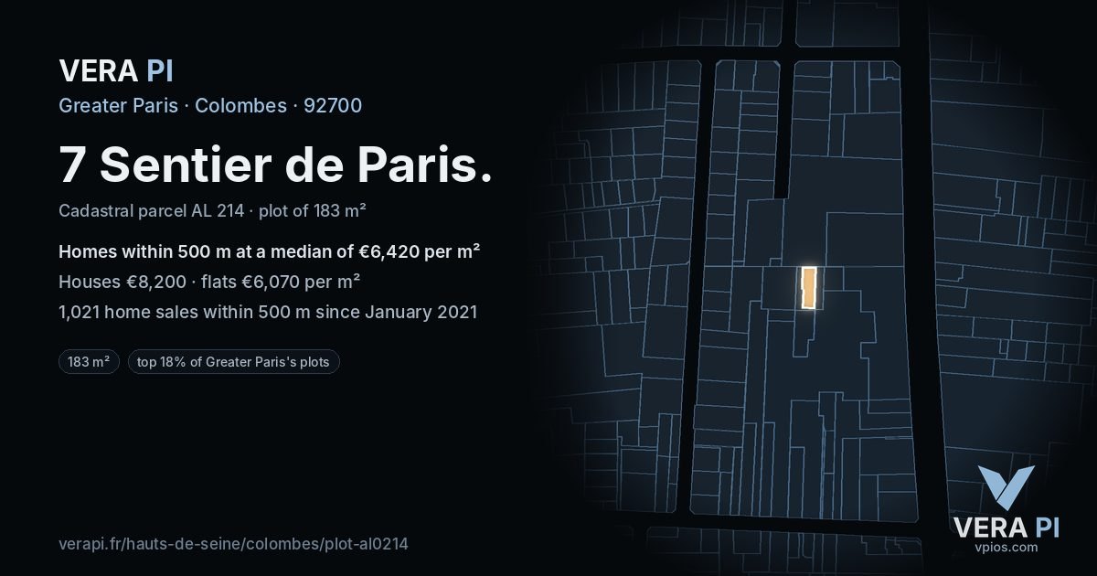 7 Sentier de Paris, Colombes at night – the plot lit, the parcels around coloured by the prices near them