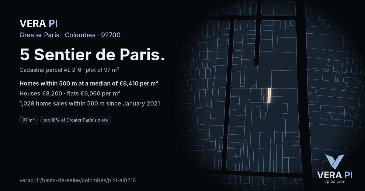 5 Sentier de Paris, Colombes at night – the plot lit, the parcels around coloured by the prices near them
