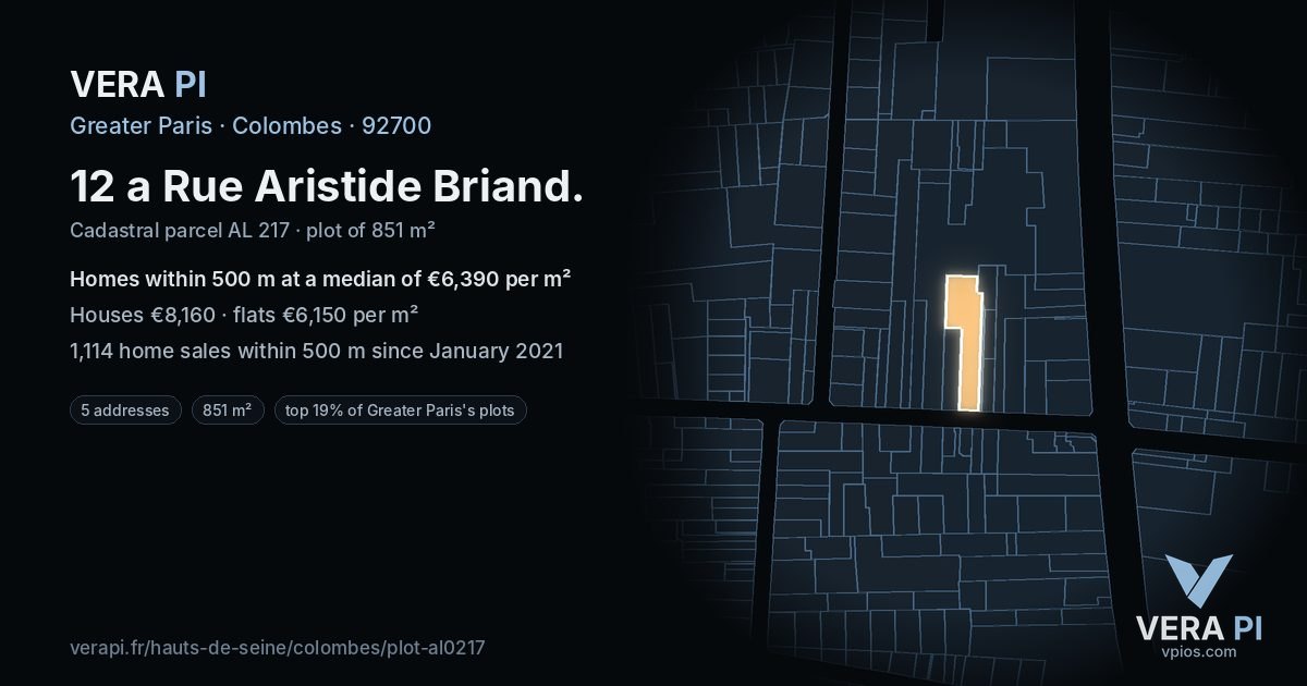 12 a Rue Aristide Briand, Colombes at night – the plot lit, the parcels around coloured by the prices near them