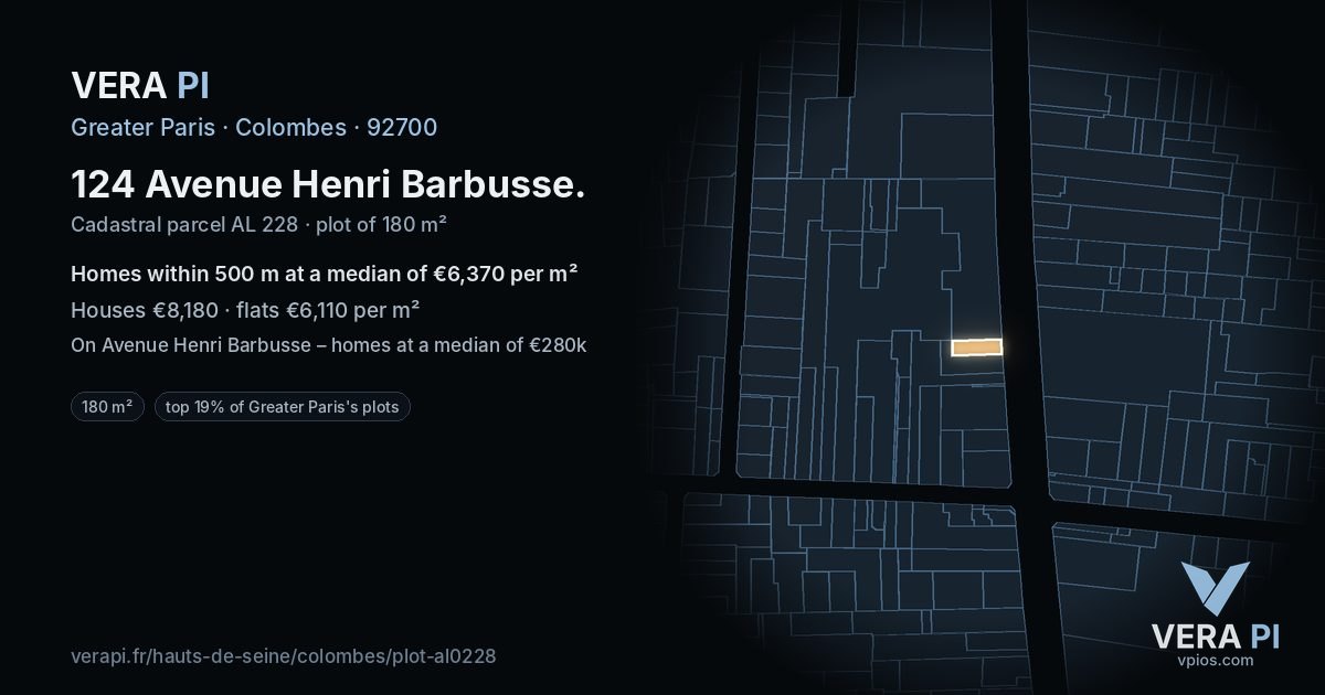 124 Avenue Henri Barbusse, Colombes at night – the plot lit, the parcels around coloured by the prices near them