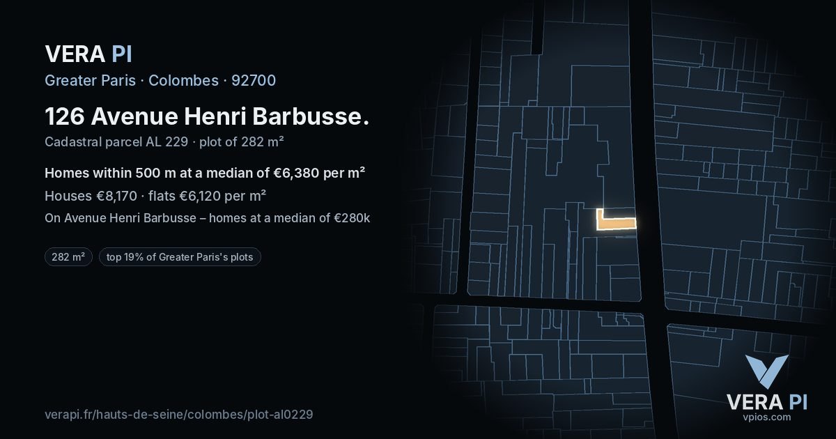 126 Avenue Henri Barbusse, Colombes at night – the plot lit, the parcels around coloured by the prices near them