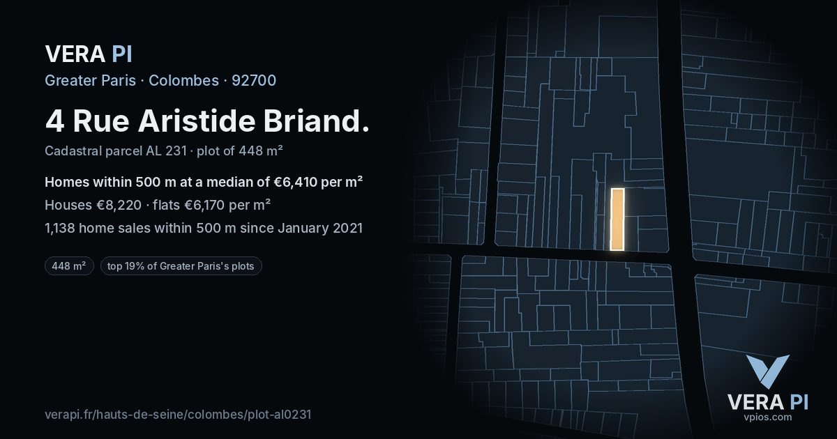 4 Rue Aristide Briand, Colombes at night – the plot lit, the parcels around coloured by the prices near them