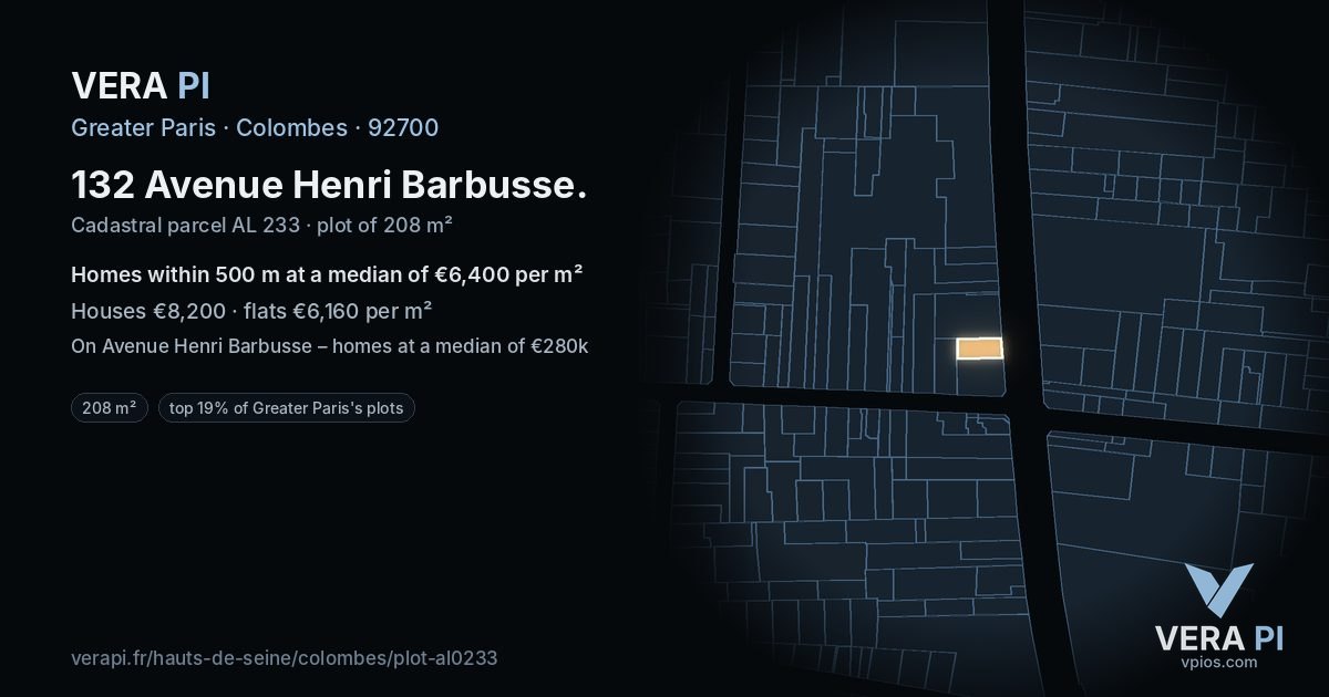 132 Avenue Henri Barbusse, Colombes at night – the plot lit, the parcels around coloured by the prices near them