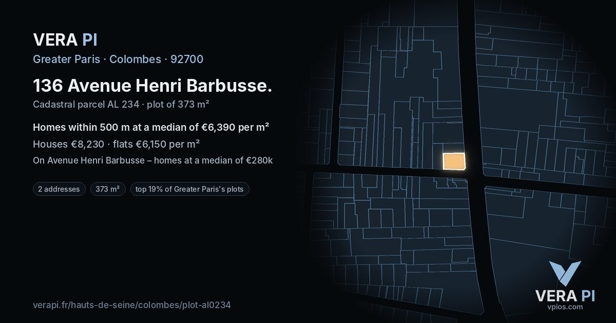 136 Avenue Henri Barbusse, Colombes at night – the plot lit, the parcels around coloured by the prices near them