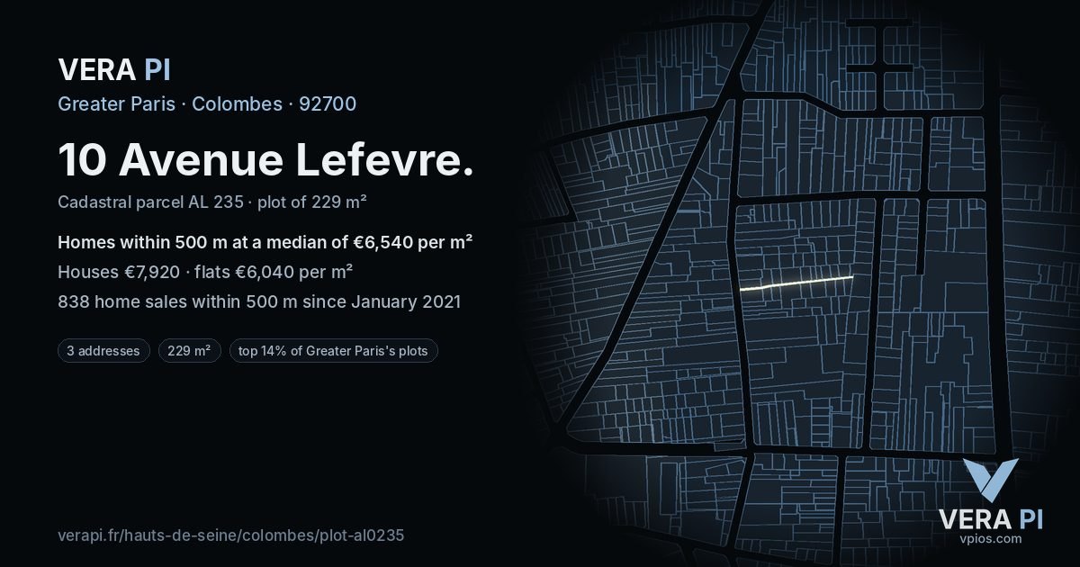 10 Avenue Lefevre, Colombes at night – the plot lit, the parcels around coloured by the prices near them