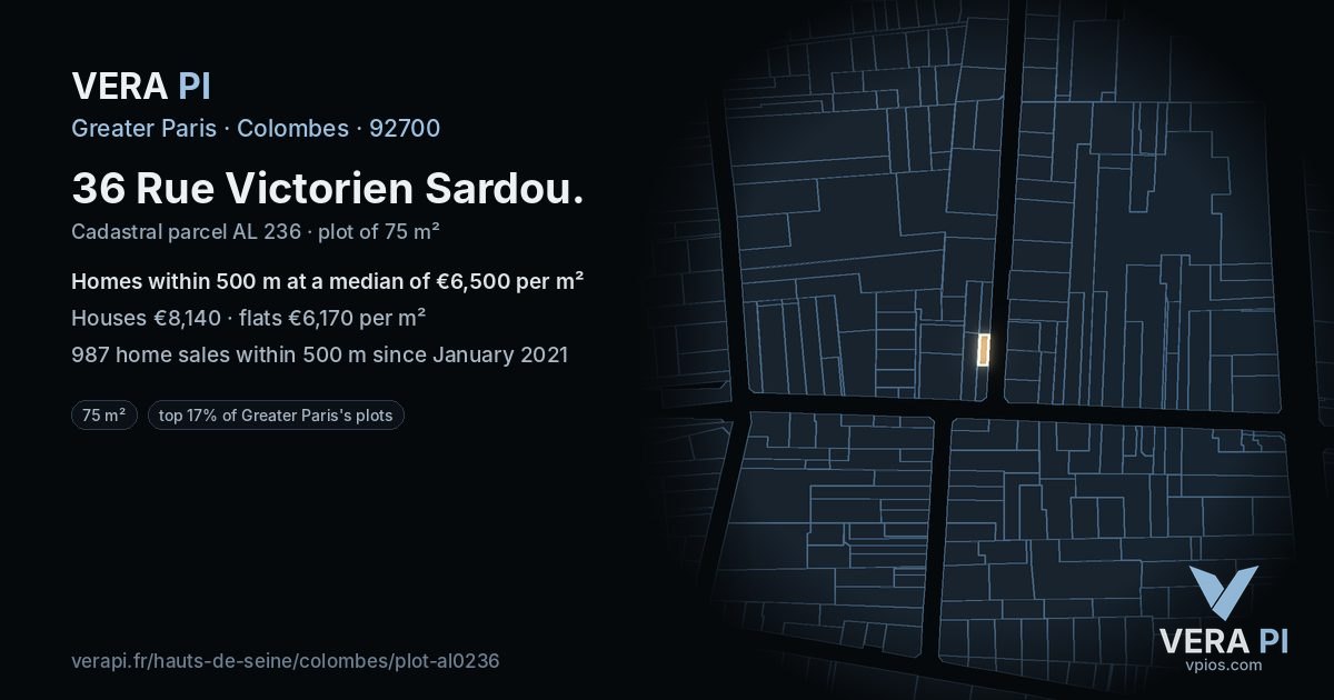 36 Rue Victorien Sardou, Colombes at night – the plot lit, the parcels around coloured by the prices near them