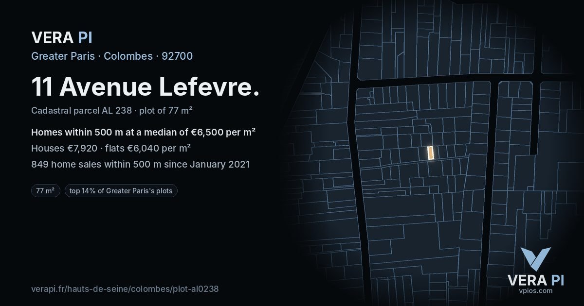11 Avenue Lefevre, Colombes at night – the plot lit, the parcels around coloured by the prices near them