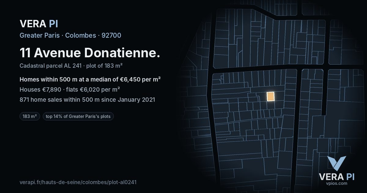 11 Avenue Donatienne, Colombes at night – the plot lit, the parcels around coloured by the prices near them