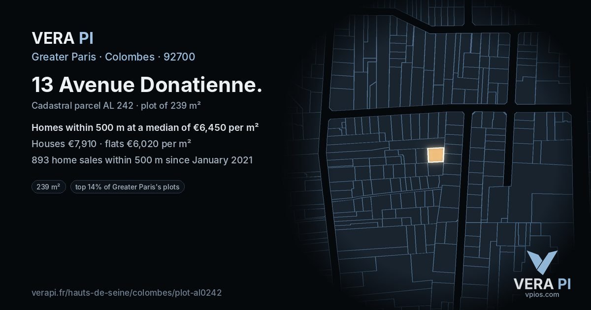 13 Avenue Donatienne, Colombes at night – the plot lit, the parcels around coloured by the prices near them