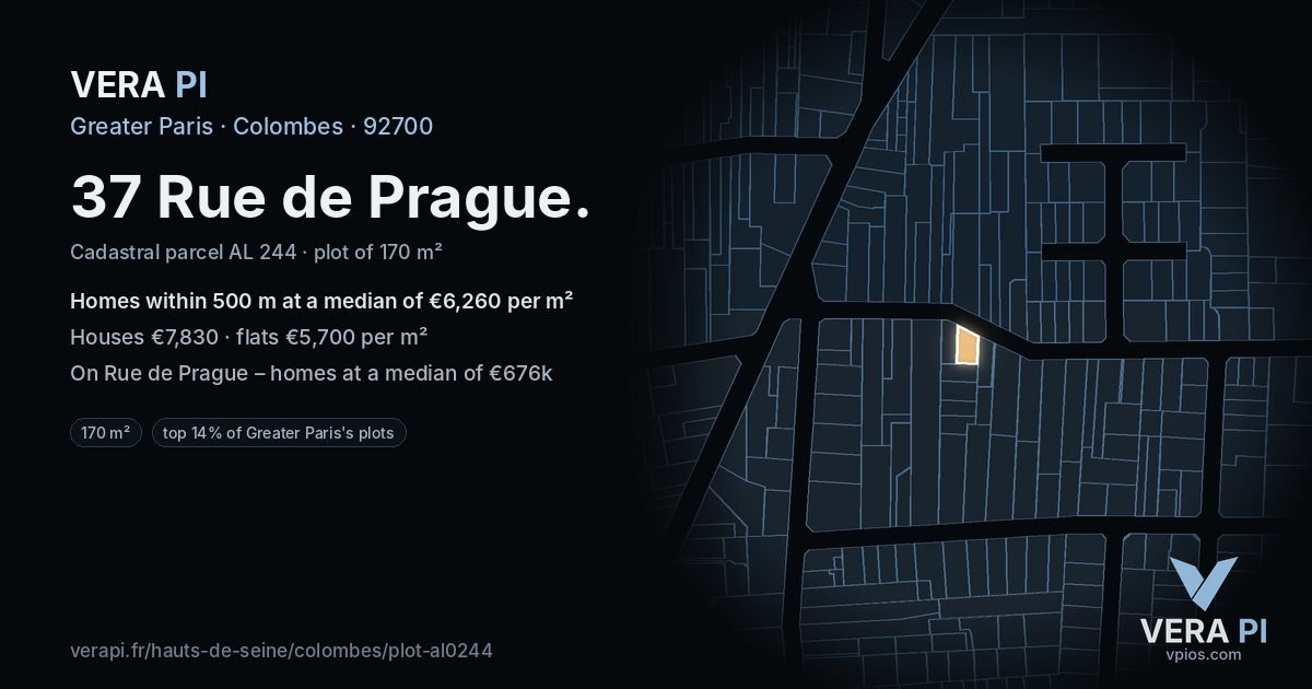 37 Rue de Prague, Colombes at night – the plot lit, the parcels around coloured by the prices near them