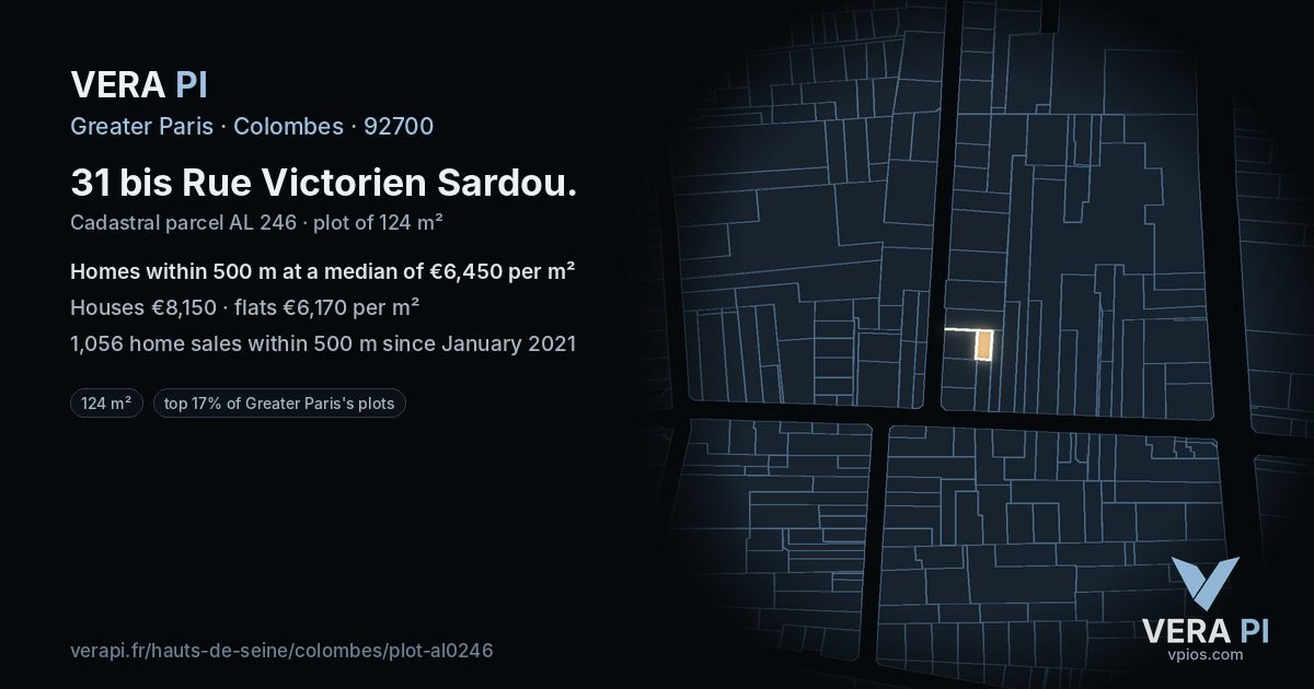 31 bis Rue Victorien Sardou, Colombes at night – the plot lit, the parcels around coloured by the prices near them