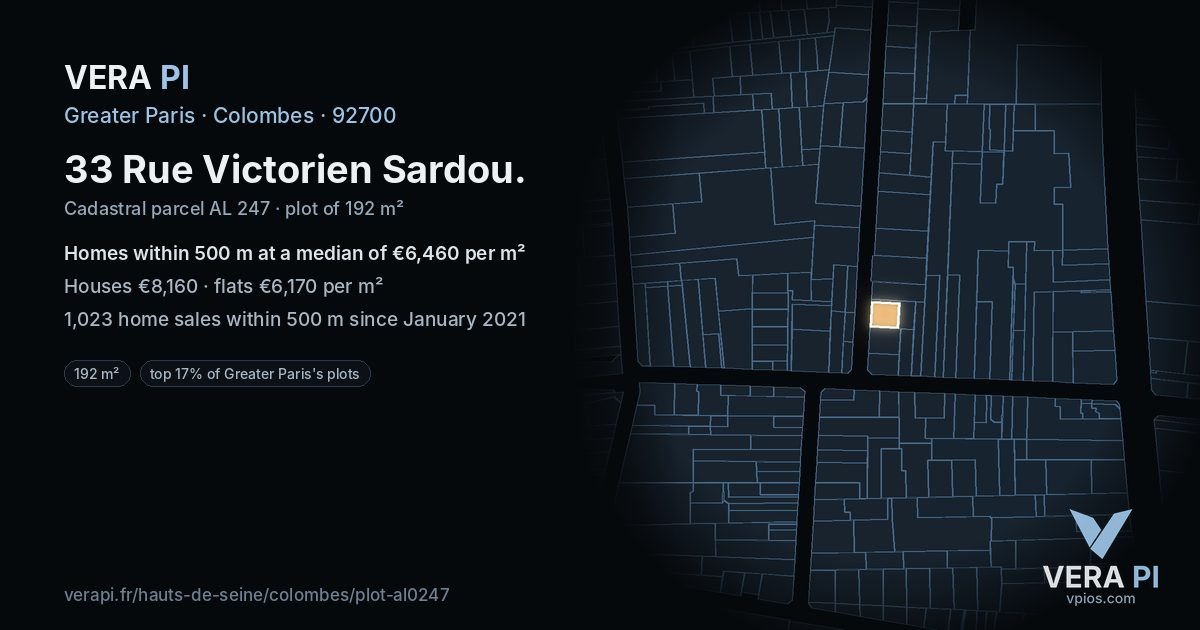 33 Rue Victorien Sardou, Colombes at night – the plot lit, the parcels around coloured by the prices near them