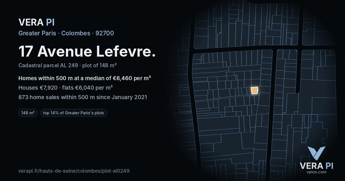 17 Avenue Lefevre, Colombes at night – the plot lit, the parcels around coloured by the prices near them