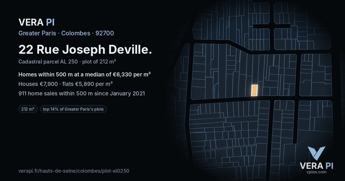 22 Rue Joseph Deville, Colombes at night – the plot lit, the parcels around coloured by the prices near them