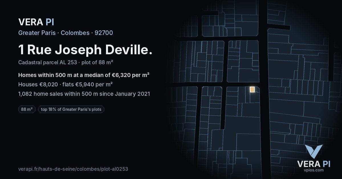 1 Rue Joseph Deville, Colombes at night – the plot lit, the parcels around coloured by the prices near them