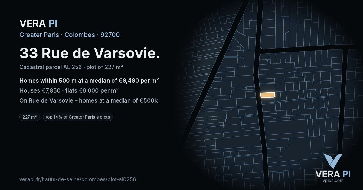 33 Rue de Varsovie, Colombes at night – the plot lit, the parcels around coloured by the prices near them