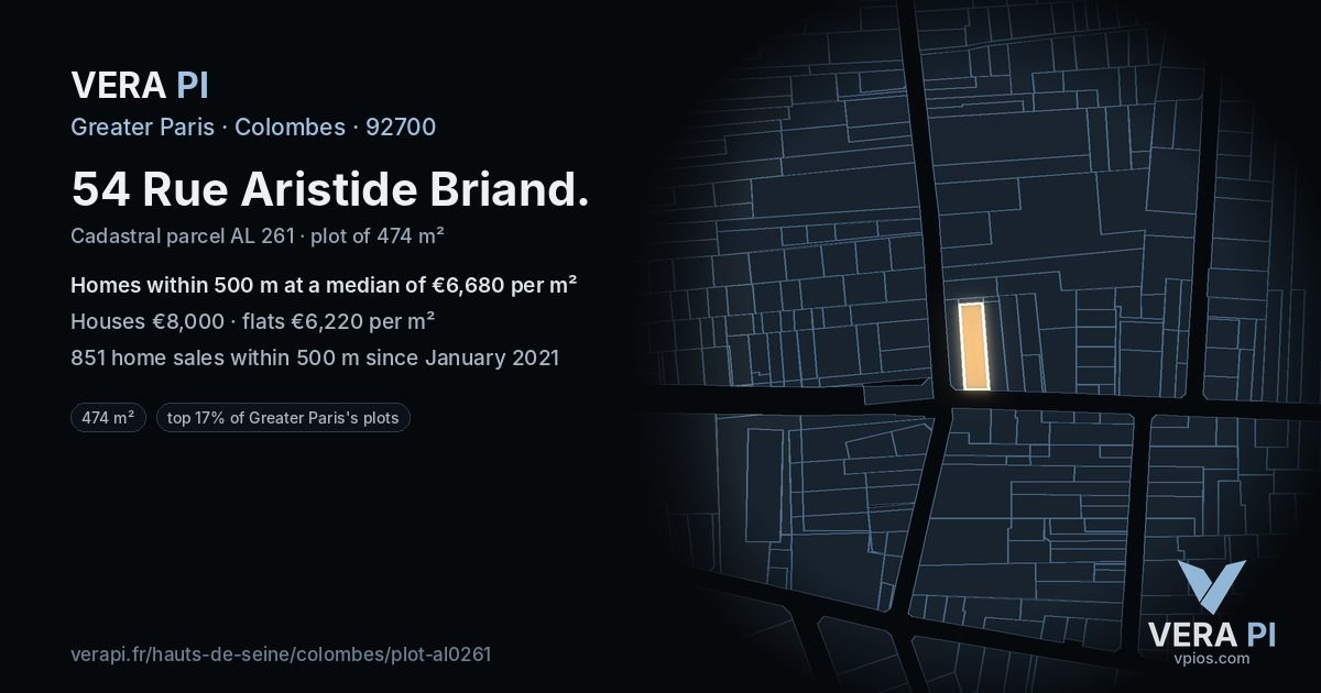 54 Rue Aristide Briand, Colombes at night – the plot lit, the parcels around coloured by the prices near them