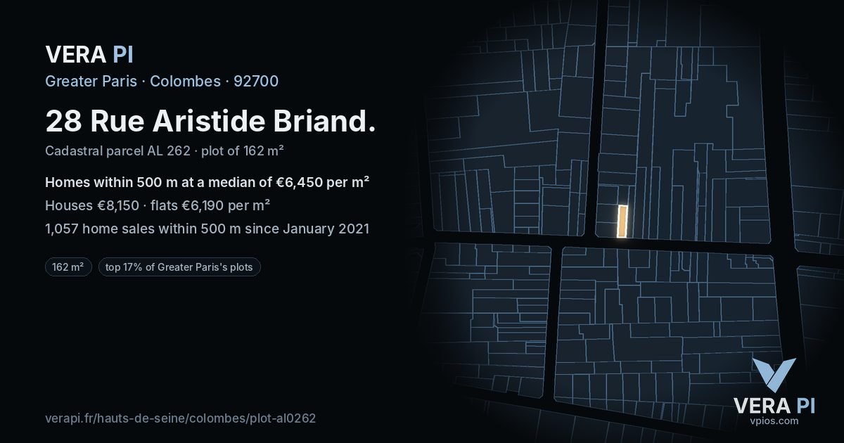 28 Rue Aristide Briand, Colombes at night – the plot lit, the parcels around coloured by the prices near them