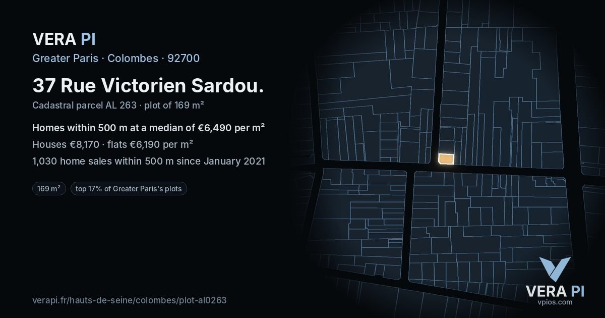 37 Rue Victorien Sardou, Colombes at night – the plot lit, the parcels around coloured by the prices near them