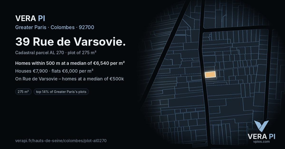39 Rue de Varsovie, Colombes at night – the plot lit, the parcels around coloured by the prices near them