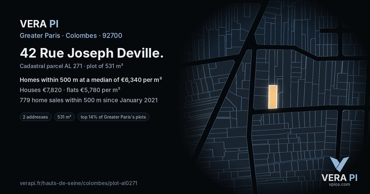 42 Rue Joseph Deville, Colombes at night – the plot lit, the parcels around coloured by the prices near them