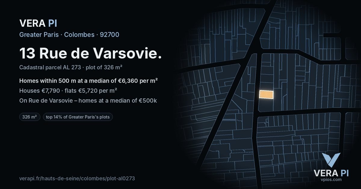 13 Rue de Varsovie, Colombes at night – the plot lit, the parcels around coloured by the prices near them