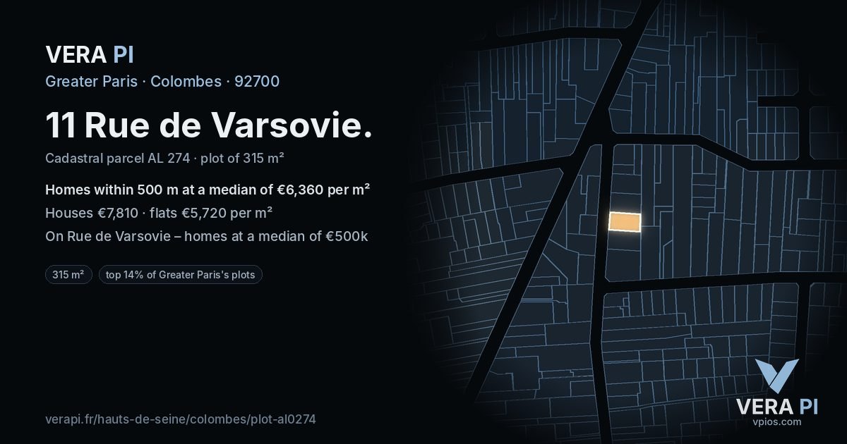11 Rue de Varsovie, Colombes at night – the plot lit, the parcels around coloured by the prices near them