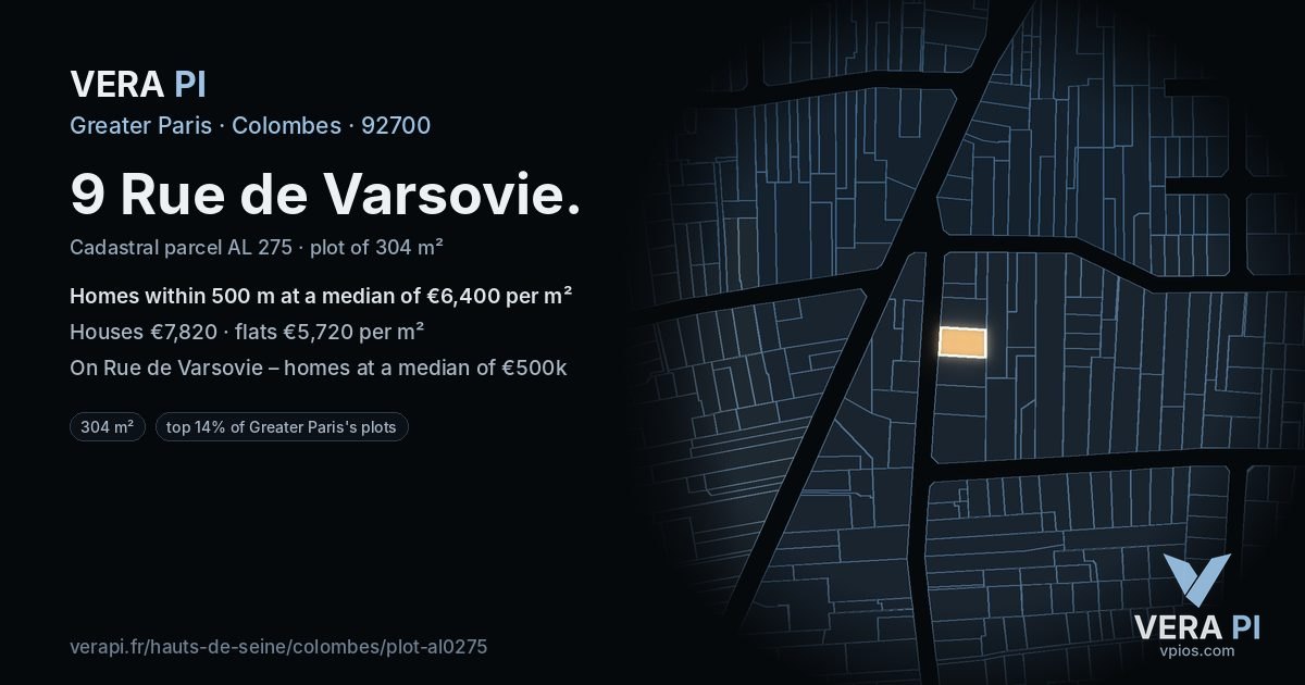 9 Rue de Varsovie, Colombes at night – the plot lit, the parcels around coloured by the prices near them