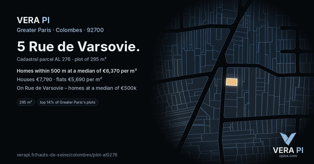 5 Rue de Varsovie, Colombes at night – the plot lit, the parcels around coloured by the prices near them