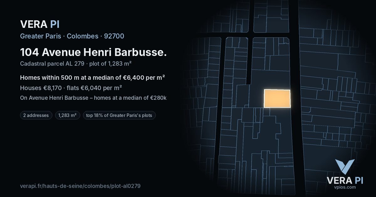 104 Avenue Henri Barbusse, Colombes at night – the plot lit, the parcels around coloured by the prices near them