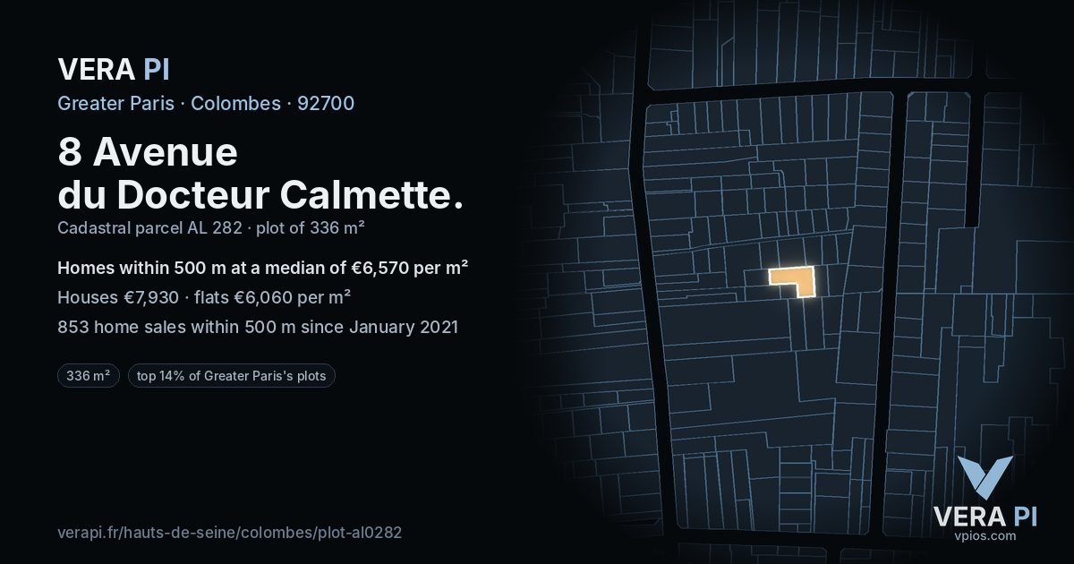8 Avenue du Docteur Calmette, Colombes at night – the plot lit, the parcels around coloured by the prices near them