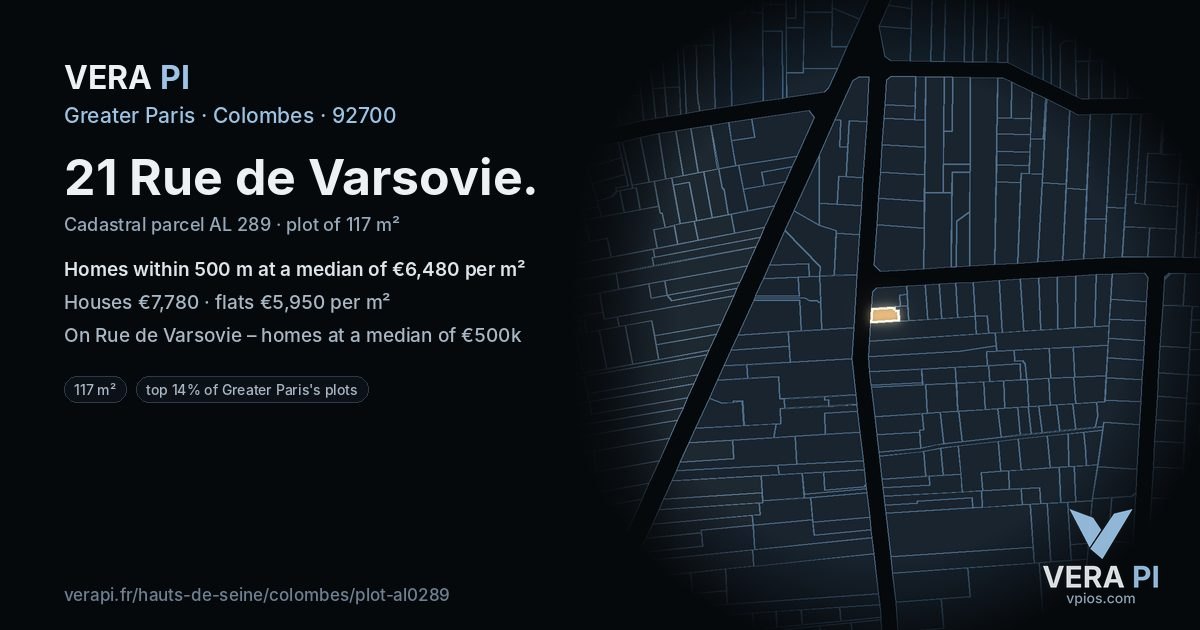 21 Rue de Varsovie, Colombes at night – the plot lit, the parcels around coloured by the prices near them