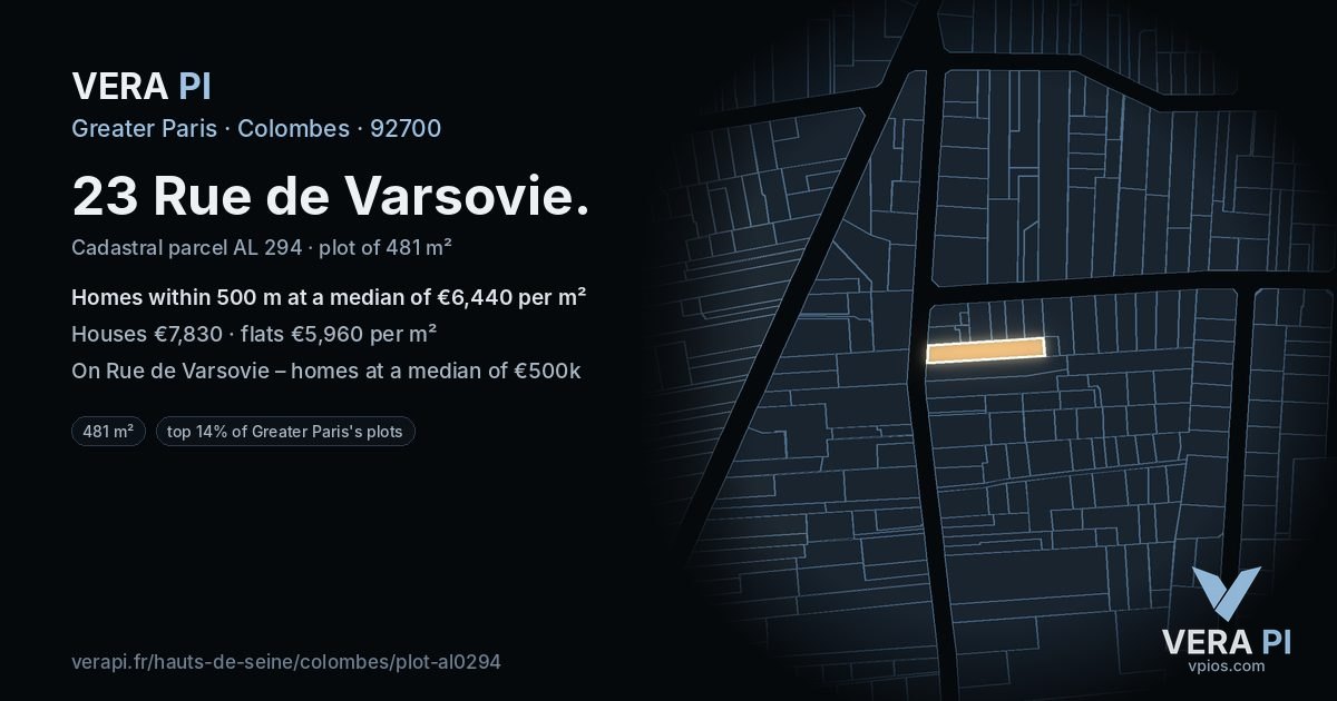 23 Rue de Varsovie, Colombes at night – the plot lit, the parcels around coloured by the prices near them